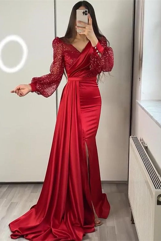 Sequins V-Neck Long Sleeves Ruffle Mermaid Evening Dress with Split
