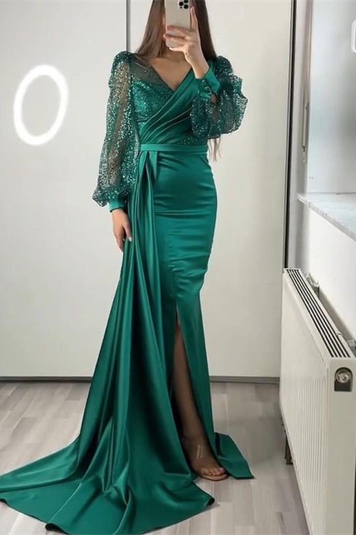 Sequins V-Neck Long Sleeves Ruffle Mermaid Evening Dress with Split