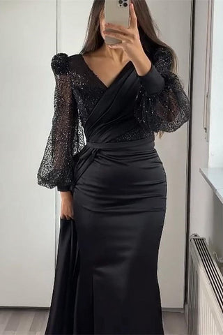 Sequins V-Neck Long Sleeves Ruffle Mermaid Evening Dress with Split