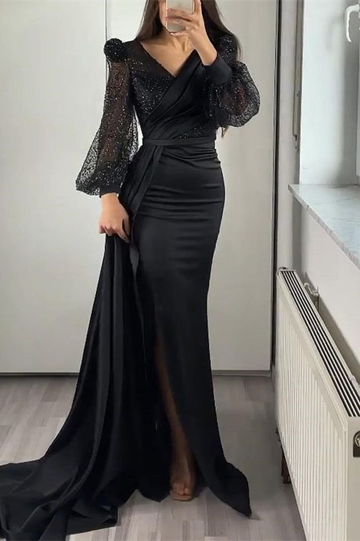 Sequins V-Neck Long Sleeves Ruffle Mermaid Evening Dress with Split