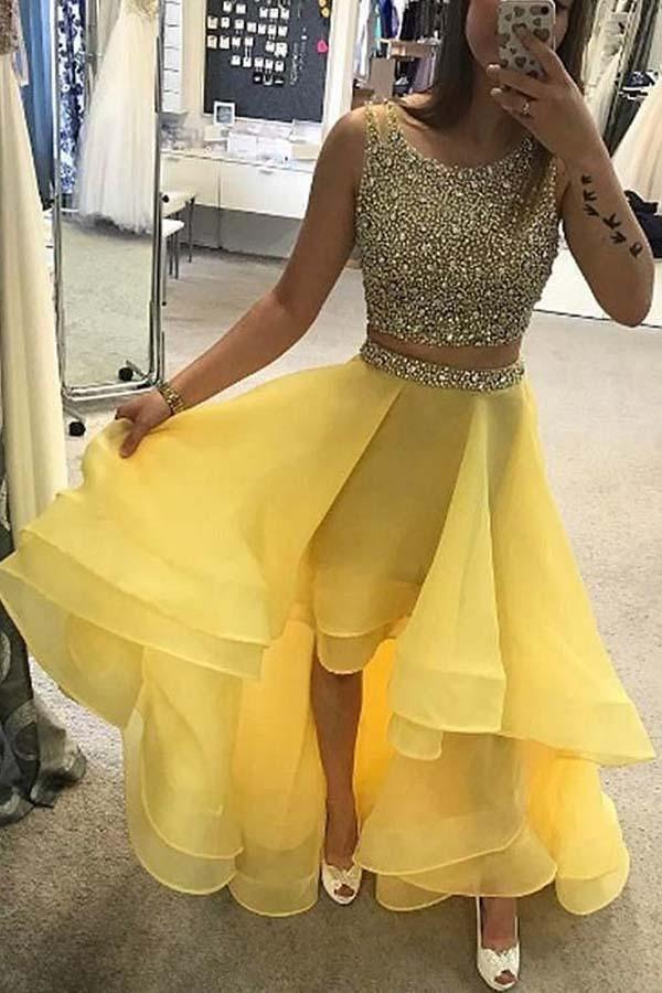 Vestido de festa sexy azul claro, corte A, duas peças, comprimento longo, com missangas, PM221