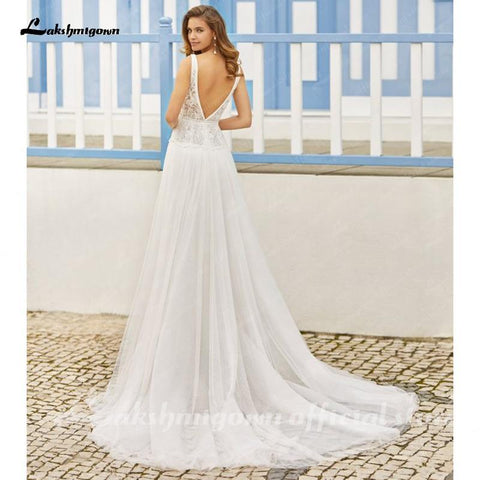 NumberSea Sexy rückenfreies Brautkleid mit tiefem V-Ausschnitt, Sommer-Hochzeitskleid