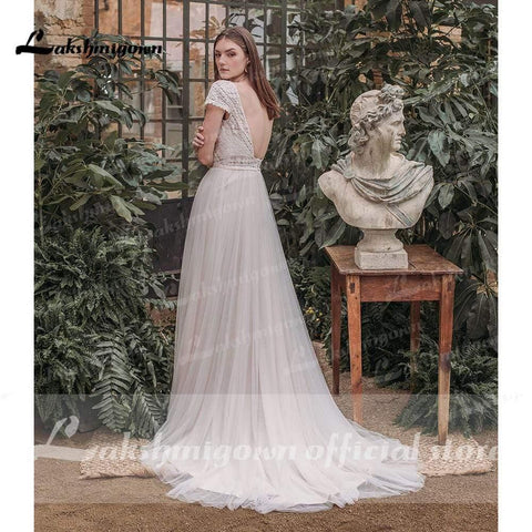 NumberSea Sexy rückenfreies Brautkleid mit Spitze und V-Ausschnitt am Rücken, kurze Ärmel