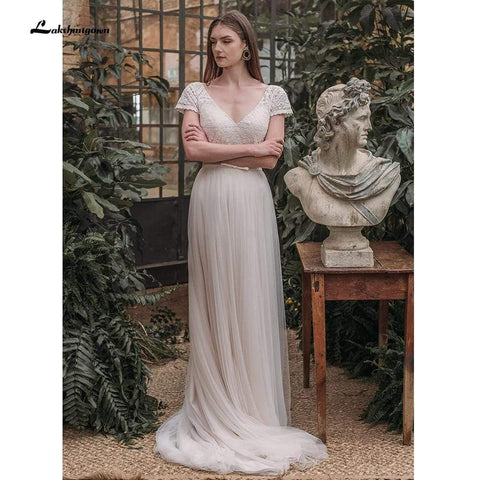 NumberSea Sexy rückenfreies Brautkleid mit Spitze und V-Ausschnitt am Rücken, kurze Ärmel