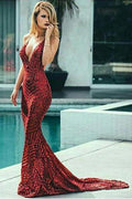 Sexy Abito da Sera Prom Spalle Scoperte Scollo a V Sirena Lunghi con Paillettes PSK154