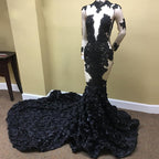 Sexy Black Long Sleeve Prom Dress Lace Evening Gown With Flowers Bottom