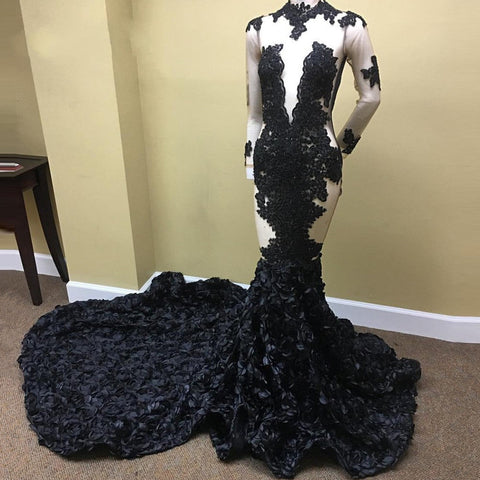 Sexy schwarzes langärmliges Ballkleid aus Spitze mit Blumen unten 