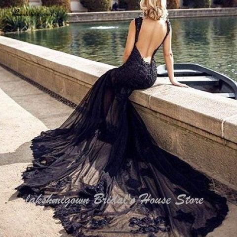 NumberSea Sexy Schwarzes Brautkleid Spitze Meerjungfrau