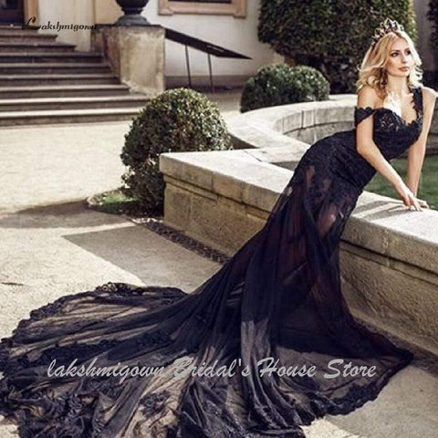 NumberSea Sexy Schwarzes Brautkleid Spitze Meerjungfrau