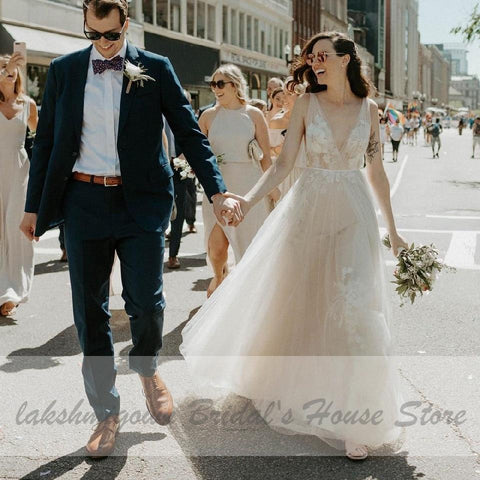 NumberSea Sexy Brautkleid mit tiefem V-Ausschnitt und A-Linie