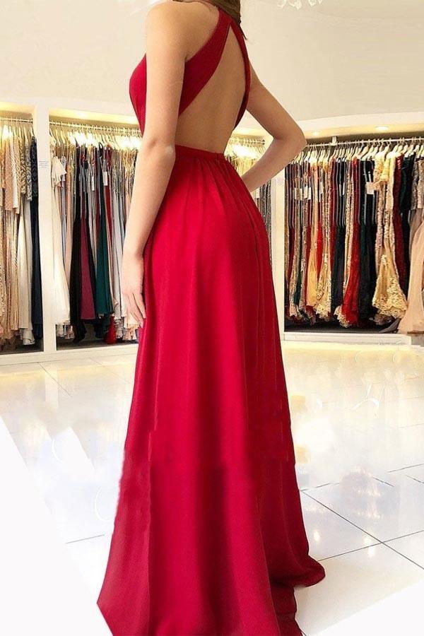 Vestidos de baile compridos de chiffon vermelho com decote halter e racha lateral PG708