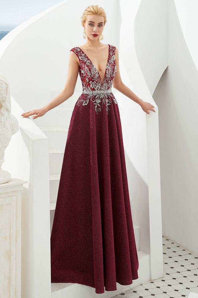 Sexy Abendkleid mit tiefem V-Ausschnitt und A-Linie, ärmellos, Kristalle, bodenlang, Ballkleid, Quinceanera-Kleid