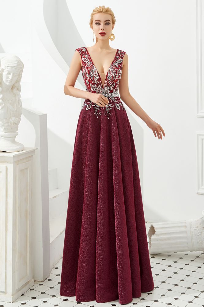 Sexy Abendkleid mit tiefem V-Ausschnitt und A-Linie, ärmellos, Kristalle, bodenlang, Ballkleid, Quinceanera-Kleid