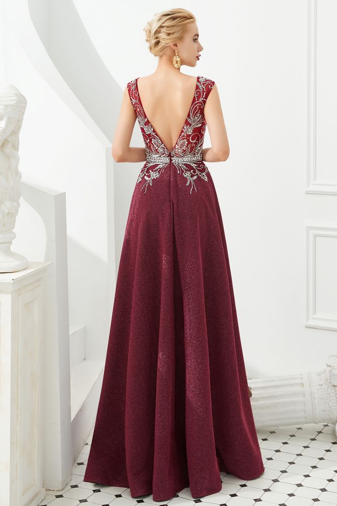Sexy Abendkleid mit tiefem V-Ausschnitt und A-Linie, ärmellos, Kristalle, bodenlang, Ballkleid, Quinceanera-Kleid
