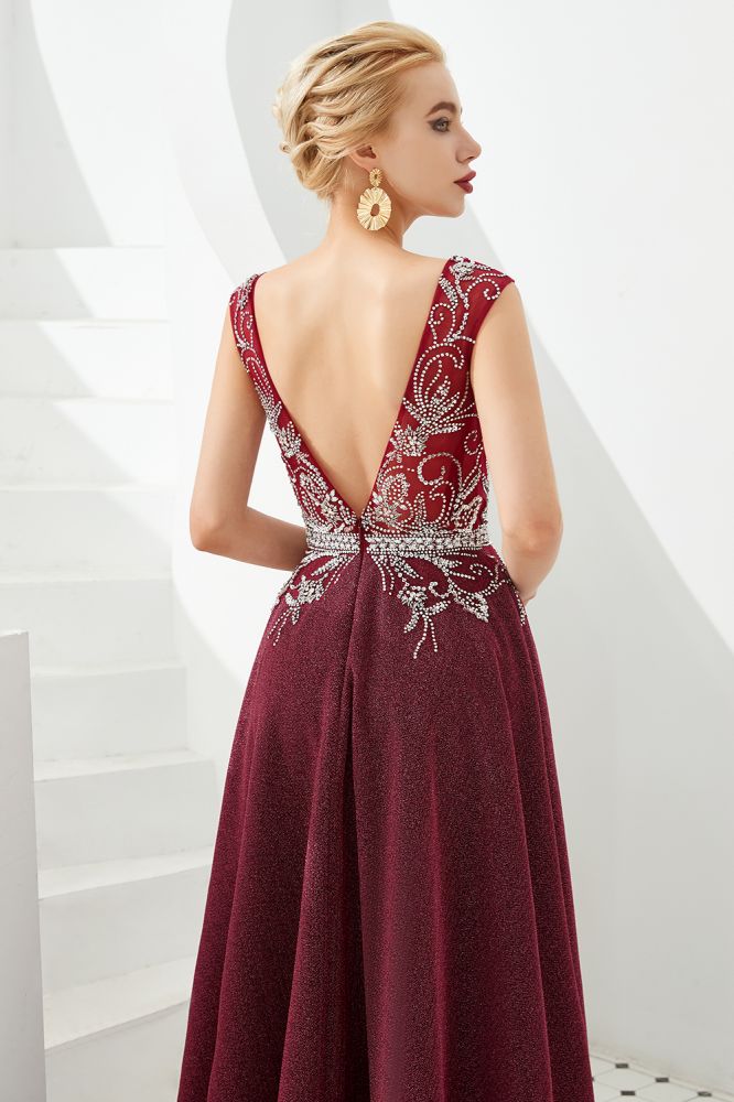 Sexy Abendkleid mit tiefem V-Ausschnitt und A-Linie, ärmellos, Kristalle, bodenlang, Ballkleid, Quinceanera-Kleid