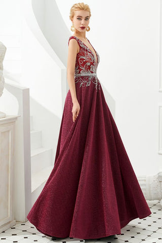 Sexy Abendkleid mit tiefem V-Ausschnitt und A-Linie, ärmellos, Kristalle, bodenlang, Ballkleid, Quinceanera-Kleid