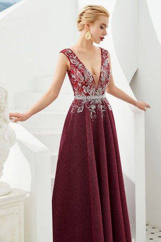 Sexy Abendkleid mit tiefem V-Ausschnitt und A-Linie, ärmellos, Kristalle, bodenlang, Ballkleid, Quinceanera-Kleid