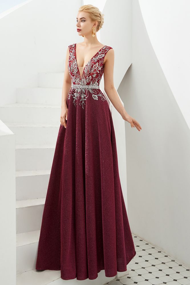 Sexy Abendkleid mit tiefem V-Ausschnitt und A-Linie, ärmellos, Kristalle, bodenlang, Ballkleid, Quinceanera-Kleid