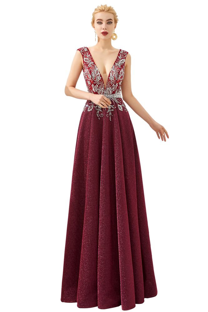 Sexy Abendkleid mit tiefem V-Ausschnitt und A-Linie, ärmellos, Kristalle, bodenlang, Ballkleid, Quinceanera-Kleid