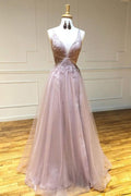 Abito da ballo lungo in tulle rosa a linea A con scollatura a V profonda e applicazioni sexy  PSK108