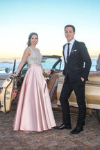 Vestido de festa sexy com decote em V profundo e contas, corte A, blush acetinado, PSK013