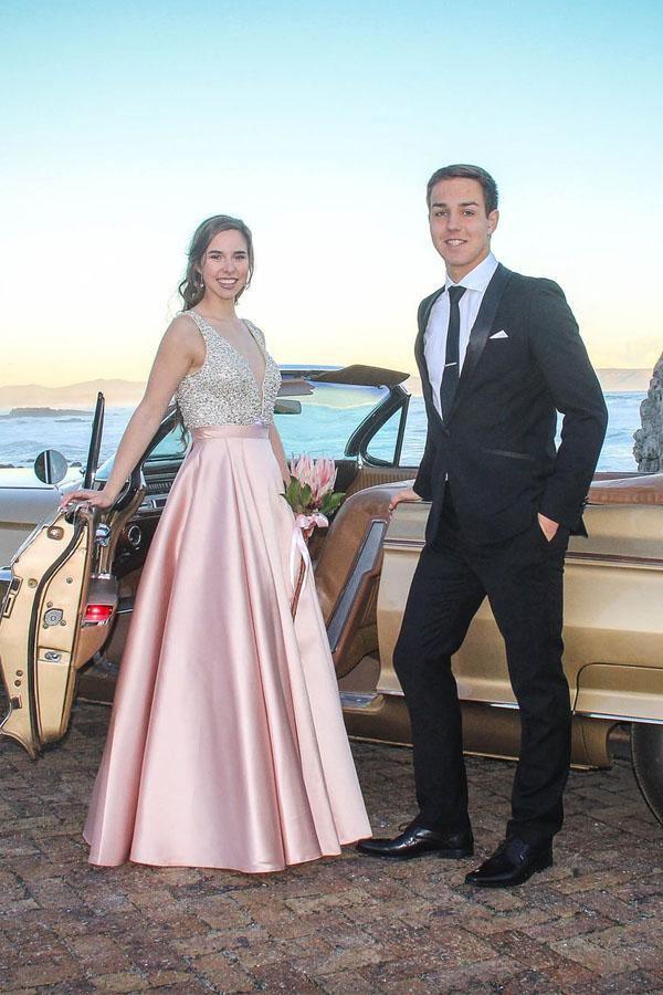 Vestido de festa sexy com decote em V profundo e contas, corte A, blush acetinado, PSK013