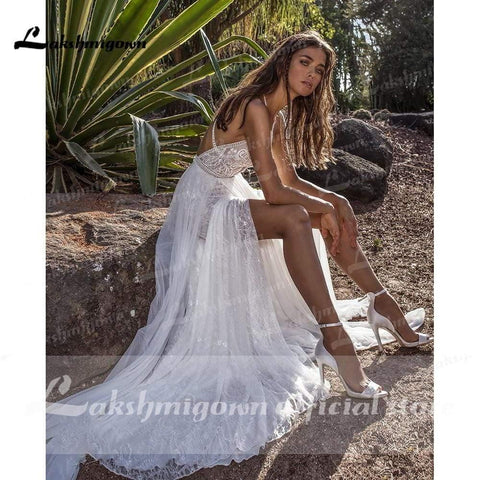 NumberSea Sexy Brautkleider mit tiefem V-Ausschnitt, Spitze, Chiffon und hohem Schlitz