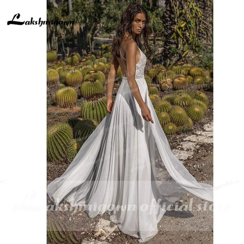 NumberSea Sexy Brautkleider mit tiefem V-Ausschnitt, Spitze, Chiffon und hohem Schlitz