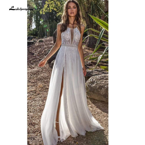 NumberSea Sexy Brautkleider mit tiefem V-Ausschnitt, Spitze, Chiffon und hohem Schlitz
