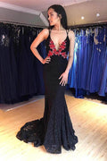 Sexy tiefem V-Ausschnitt schwarze Stickerei Spitze Ball Abendkleid PSK035