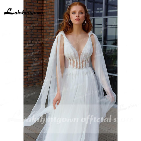 NumberSea Sexy Brautkleider aus Tüll mit tiefem V-Ausschnitt und offenem Rücken