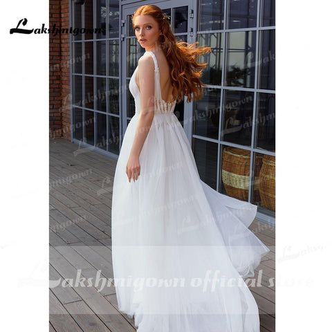 NumberSea Sexy Brautkleider aus Tüll mit tiefem V-Ausschnitt und offenem Rücken