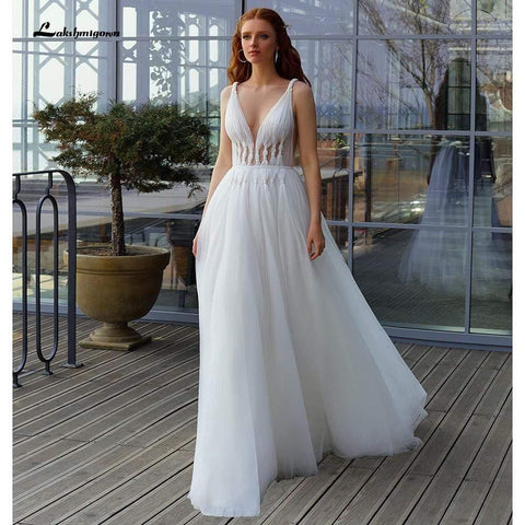 NumberSea Sexy Brautkleider aus Tüll mit tiefem V-Ausschnitt und offenem Rücken