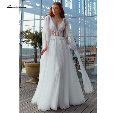 NumberSea Sexy Brautkleider aus Tüll mit tiefem V-Ausschnitt und offenem Rücken