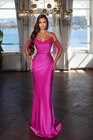 Sexy bodenlanges Meerjungfrau-Abendkleid aus Satin mit Spaghettiträgern und Perlen