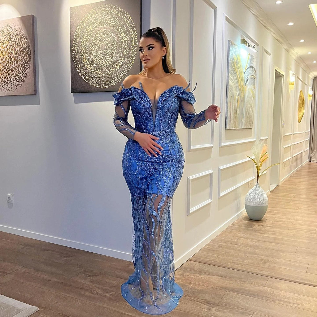 Sexy Floor Length V-Neck Long Sleeves Sheath Mermaid Lace Prom Dress by misshow.com