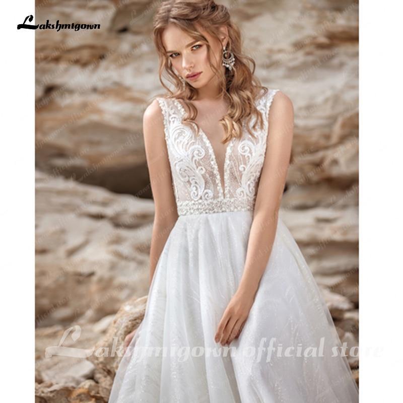 Vestido de noiva sexy com lantejoulas e glitter NumberSea, cor marfim, renda branca