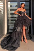 Vestidos de noche sexys alto-bajo, sin tirantes, escote corazón y tul