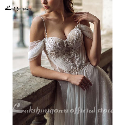 Vestido de noiva de praia em tule com renda sexy NumberSea Boho ombro a ombro