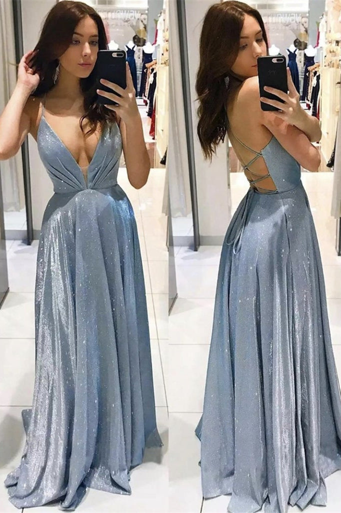 Vestidos de festa longos e sensuais, corte A, decote em V, alças finas, sem mangas, costas nuas