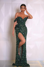 Sexy Long Mermaid Off the Shoulder Sequins Formal Prom Dresses with Slit