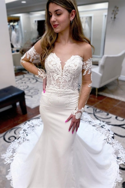 Sexy langes Meerjungfrau-Sweetheart-Spitzen-Brautkleid mit langen Ärmeln