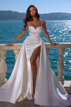 Sexy langes Meerjungfrau-Sweetheart-Spaghettiträger-Satin-Hochzeitskleid mit Seitenschlitz