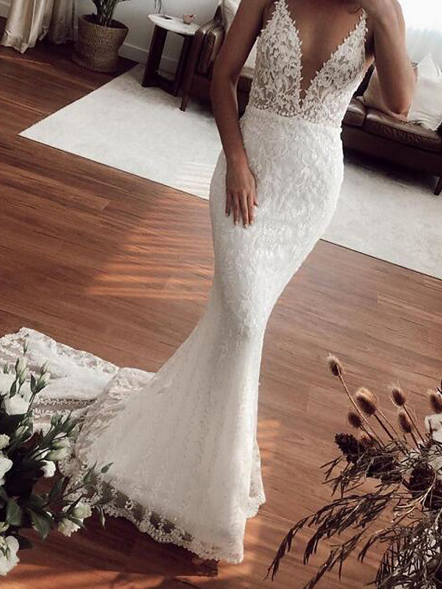 Sexy langes Meerjungfrau-V-Ausschnitt Spitze Tüll Brautkleid