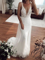 Sexy langes Meerjungfrau-V-Ausschnitt Spitze Tüll Brautkleid