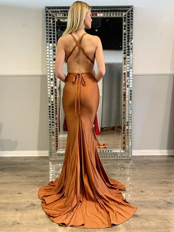 Sexy langes Meerjungfrau-Kleid mit V-Ausschnitt und offenem Rücken aus Satin für Abschlussfeiern