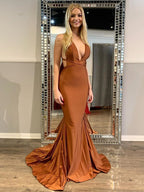 Sexy Long Mermaid V-neck Satin Open Back Graduation Formal Prom Dresses