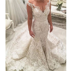 Sexy langes Meerjungfrau-V-Ausschnitt-Trägerkleid mit Applikationen und Spitze für die Hochzeit