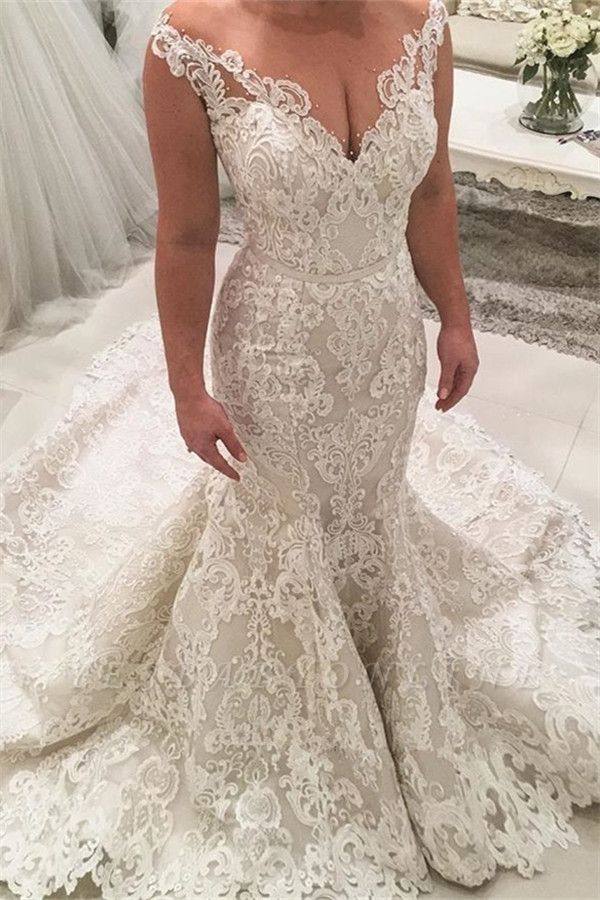 Sexy langes Meerjungfrau-V-Ausschnitt-Trägerkleid mit Applikationen und Spitze für die Hochzeit