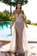 Sexy, langes, schulterfreies, ärmelloses Meerjungfrau-Ballkleid mit Perlen und Schlitz